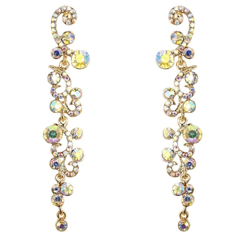 Yellow Gold with Iridescent AB Austrian Crystal Wave Statement Post Earrings